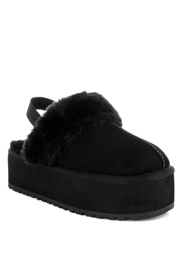 Kutchu Faux Fur Trim Platform Classic Slingback- Black