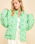 Davi & Dani Vintage Print Open Front Jacket with Pockets-Neon Green