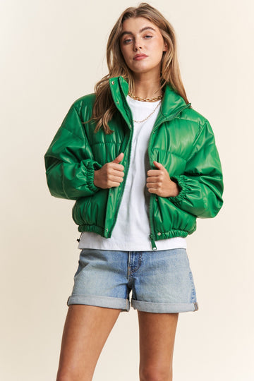 J.NNA Turtleneck Snap and Zipper Closure Crop Puff Jacket in Green