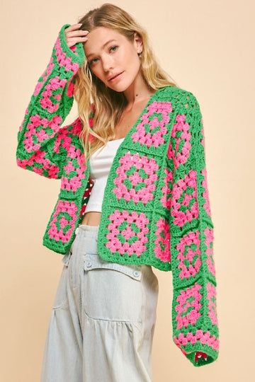 Davi & Dani Full Size Two Tone Flower Square Crochet Open Front Cardigan- Pink/Green