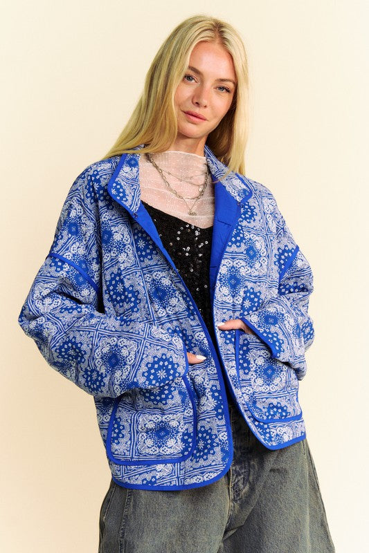 Davi & Dani Vintage Print Open Front Jacket with Pockets- Blue