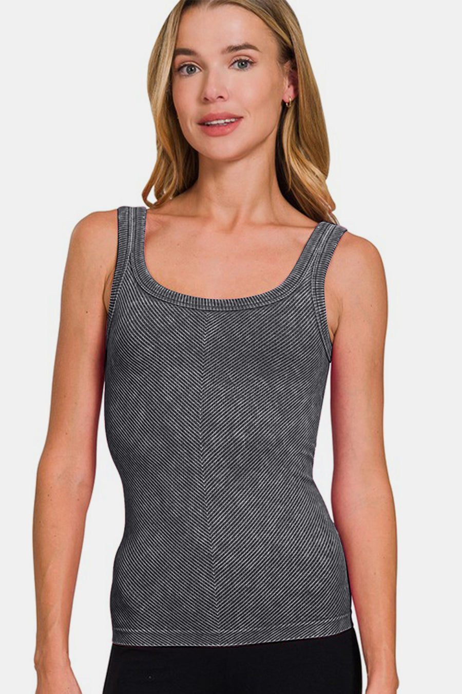 Zenana Ribbed Scoop Neck Tank-.Black