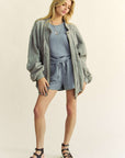 Davi & Dani Exposed Seam Zip Up Dropped Shoulder Jacket-grey