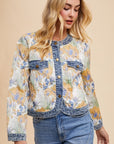 Annie Wear Floral Jacquard Denim Contrast Button Down Jacket