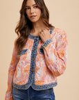 Annie Wear Floral Jacquard Denim Contrast Button Down Jacket- Coral