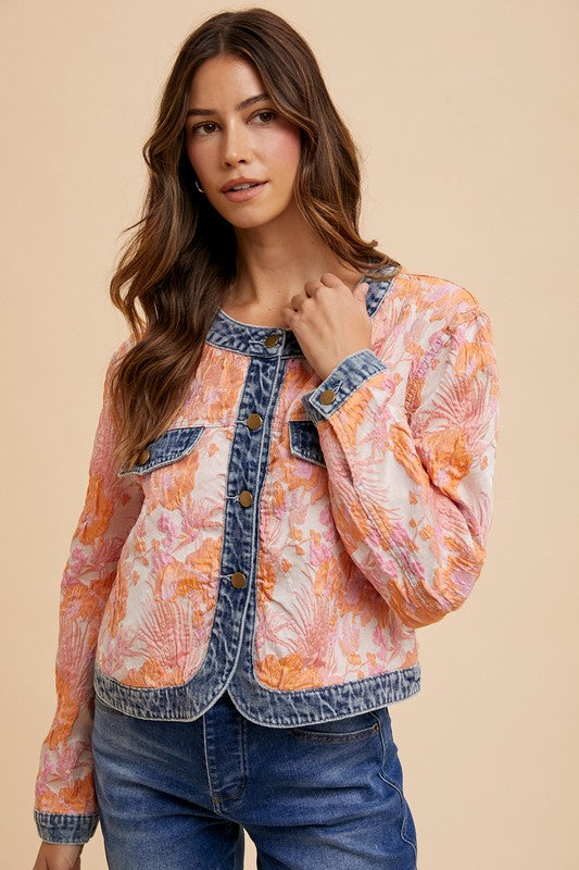 Annie Wear Floral Jacquard Denim Contrast Button Down Jacket- Coral