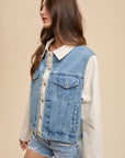 Annie Wear Collared Neck Double Placket Denim Jacket- Medium wash