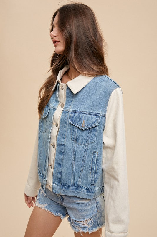 Annie Wear Collared Neck Double Placket Denim Jacket- Medium wash