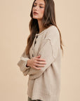 Annie Wear Half Button Ribbed Hem Sweater-oatmeal