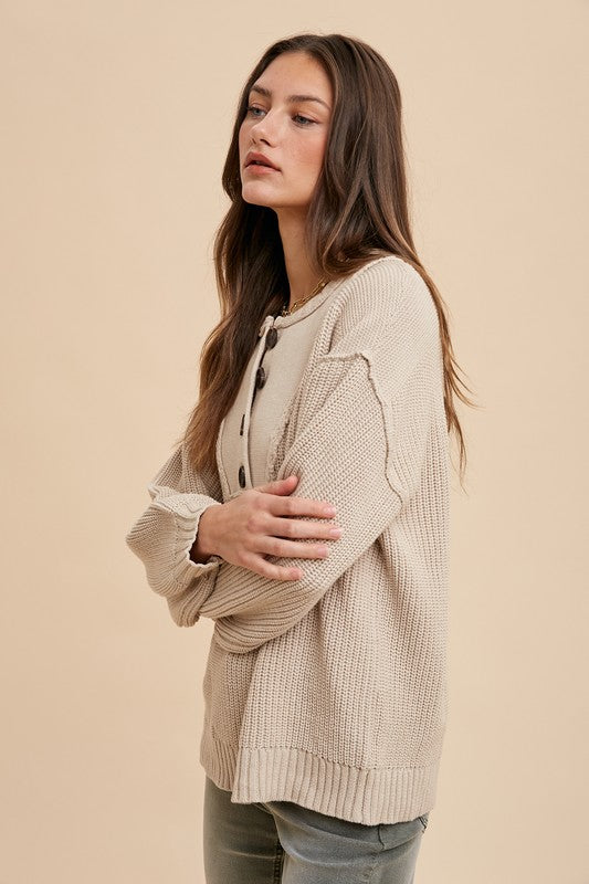 Annie Wear Half Button Ribbed Hem Sweater-oatmeal