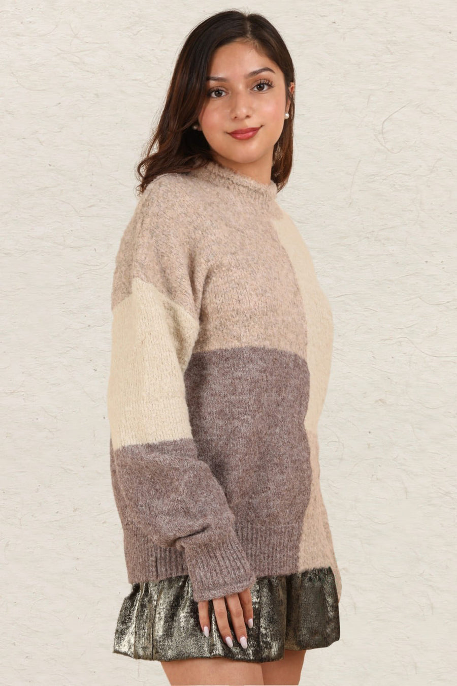 VERY J Color Block Mock Neck Drop Shoulder Sweater-Cream