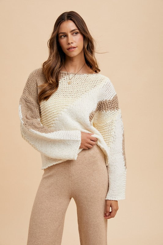 Annie Wear Color Block Drop Shoulder Sweater- Taupe