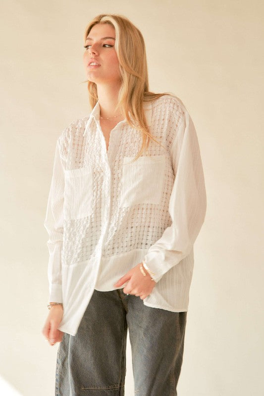 Davi & Dani Crinkled Jacquard Button Down Shirt- White