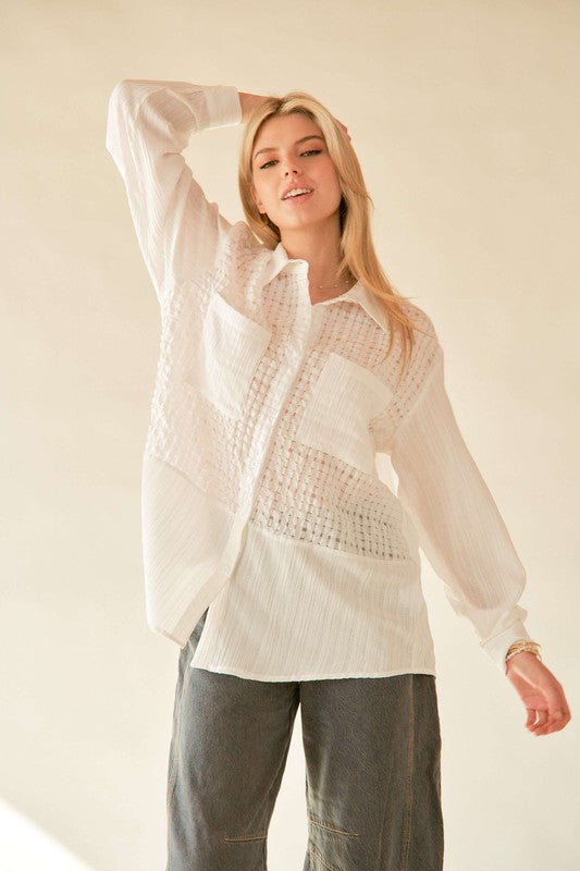 Davi & Dani Crinkled Jacquard Button Down Shirt- White