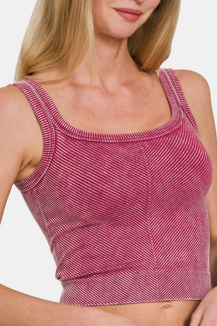 Zenana Washed Ribbed Scoop Neck Wide Strap Tank- Burgundy