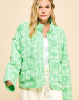 Davi & Dani Vintage Print Open Front Jacket with Pockets-Neon Green