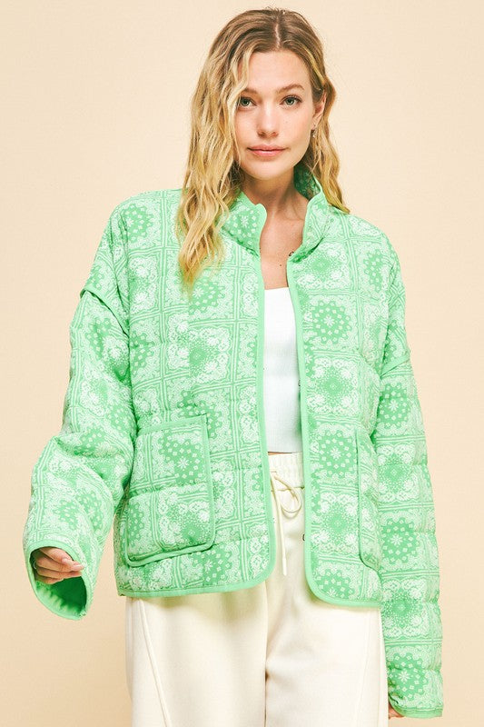 Davi & Dani Vintage Print Open Front Jacket with Pockets-Neon Green