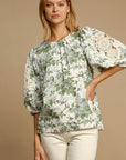 Umgee Floral Pleated Detail Lace Trim Sleeve Blouse