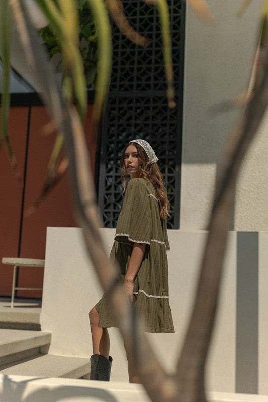 Annie Wear Tassel Contrast Trim Tie Neck Half Sleeve Tiered Dress- Olive
