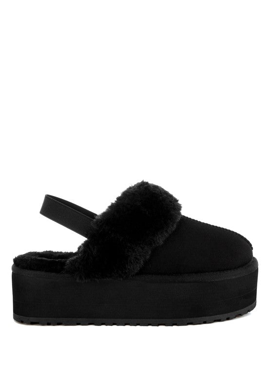 Kutchu Faux Fur Trim Platform Classic Slingback- Black