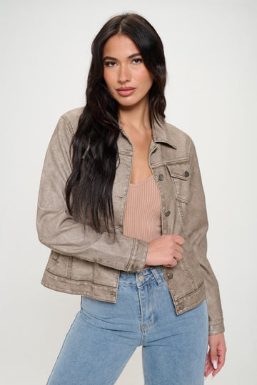 Coalition LA Button Down Cargo Vegan Leather Shacket- Tan