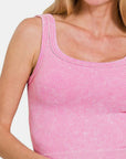 Zenana Washed Ribbed Scoop Neck Wide Strap Tank- Candy pink