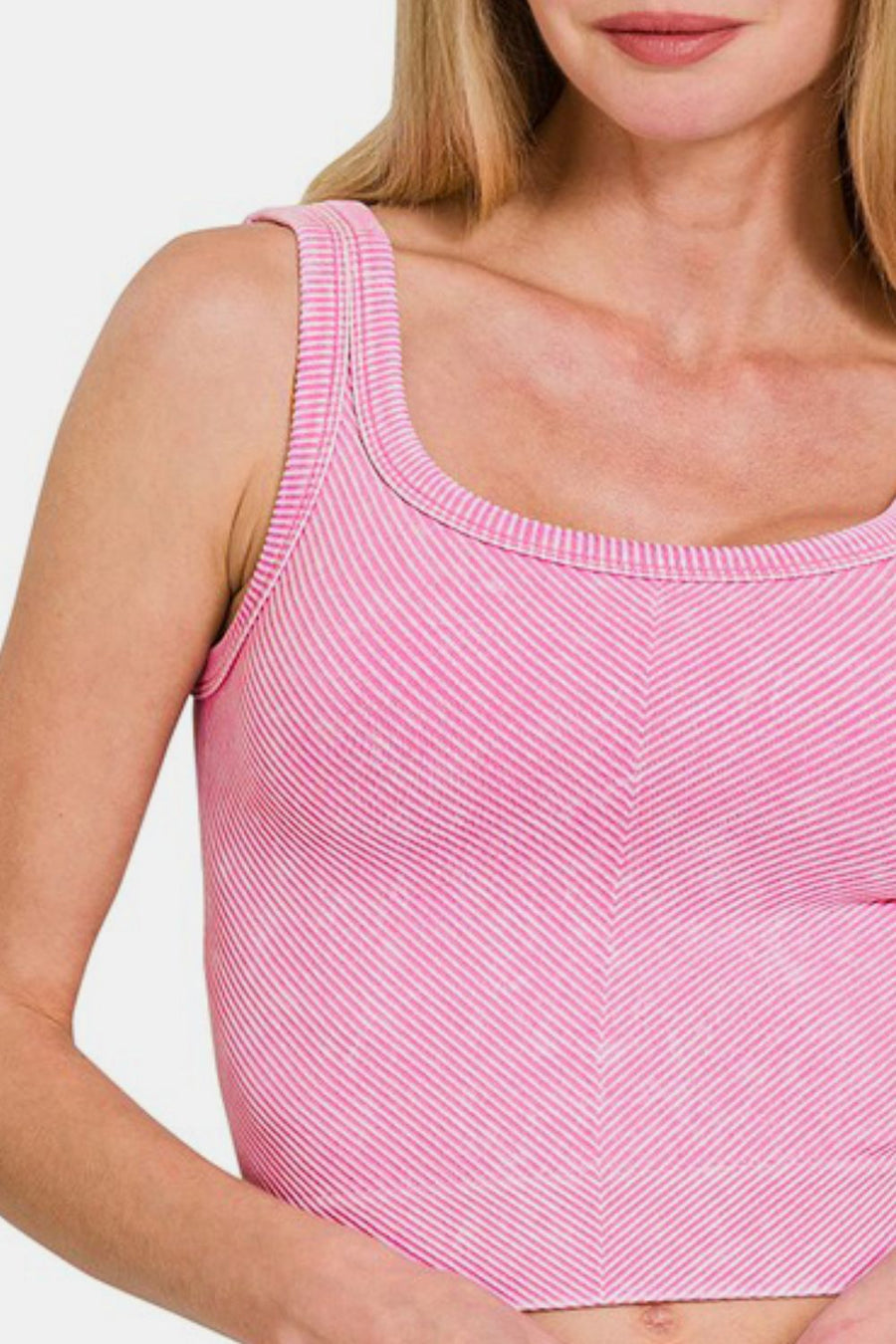 Zenana Washed Ribbed Scoop Neck Wide Strap Tank- Candy pink