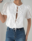 Perfee Tied Eyelet Short Sleeve Bodysuit-white