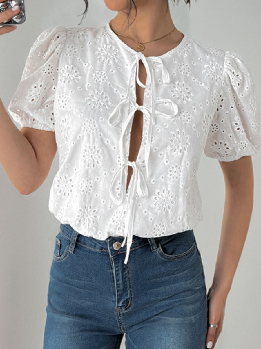 Perfee Tied Eyelet Short Sleeve Bodysuit-white