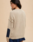 Annie Wear Contrast Round Neck Drop Shoulder Sweater with Patch Pocket