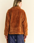 Davi & Dani Fuzzy Zip Up Collared Neck Jacket-Brown