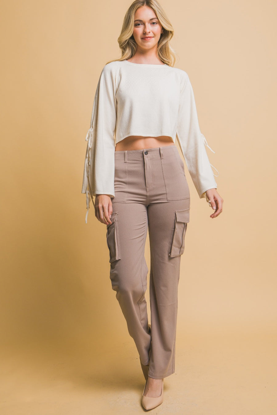 Love Tree High Rise Cargo Pants with Pockets-Taupe