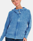 Zenana Washed Zip Up Hooded Jacket