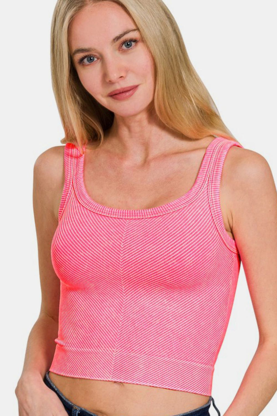 Zenana Washed Ribbed Scoop Neck Wide Strap Tank- Coral Fuchsia