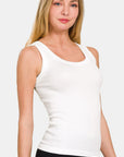 Zenana 2 Way Neckline Washed Ribbed Tank-white