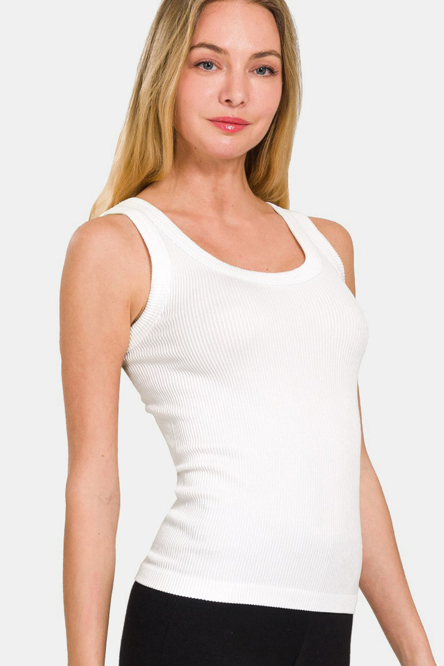 Zenana 2 Way Neckline Washed Ribbed Tank-white