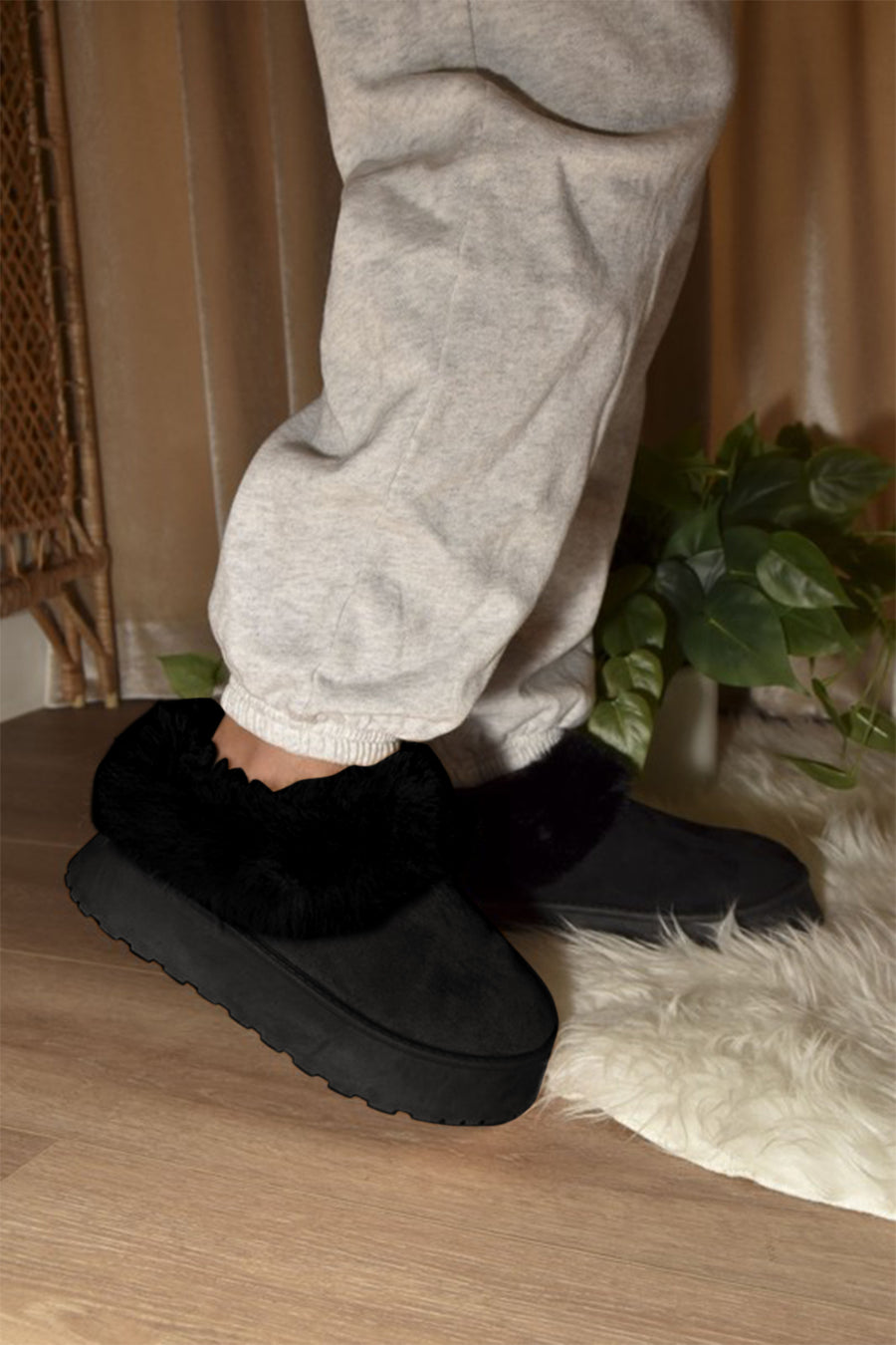 WILD DIVA Faux-Fur Platform Slip On Booties-Black