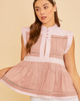 Annie Wear Contrast Trim Peplum Button Detail Blouse- Dusty Pink