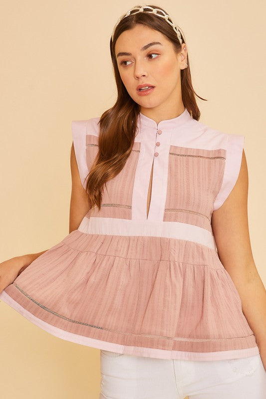 Annie Wear Contrast Trim Peplum Button Detail Blouse- Dusty Pink