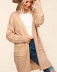 Haptics Stripe Textured Open Front Cardigan with Pockets-Taupe