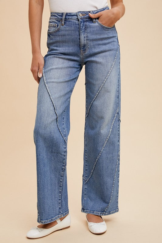 Annie Wear Decorative Seams Wide Leg Jeans-Medium wash