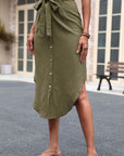 Tie Belt Frill Trim Buttoned Skirt