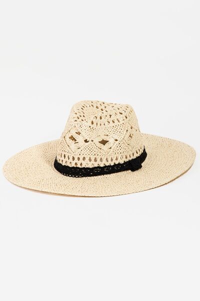 Fame Openwork Lace Detail Wide Brim Hat- White