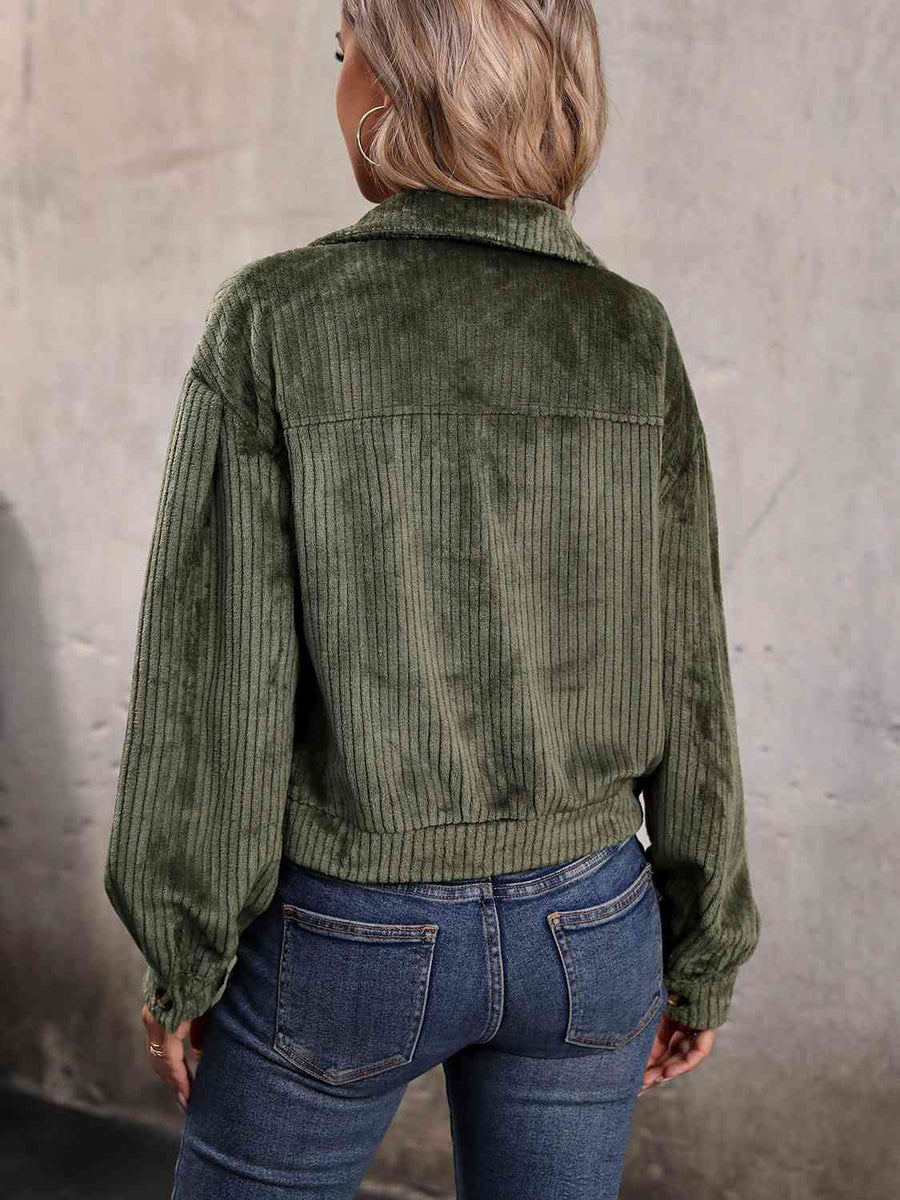 Collared Neck Button Front Jacket with Pockets- Corduroy