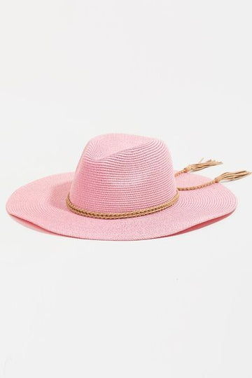 Fame Straw Braided Rope Strap Fedora Hat- Light Pink