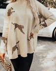 Animal Pattern Mock Neck Long Sleeve Slit Sweater