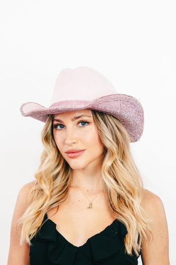 Fame Pave Rhinestone Trim Faux Suede Hat-  Soft Pink