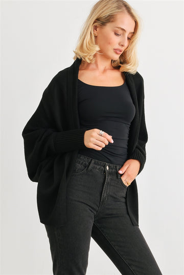 Batwing Sleeve Open Front Cardigan-Black