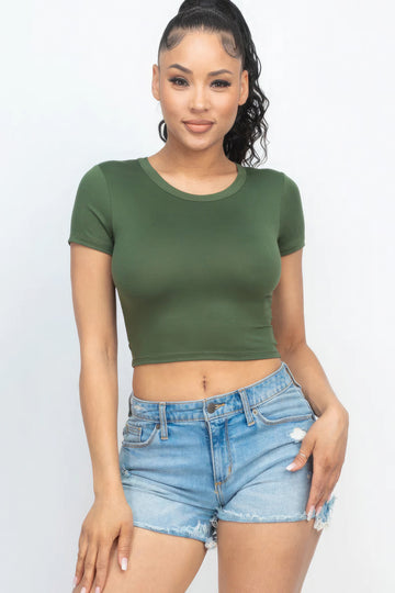 Short Sleeve Roundneck Crop Top-Green