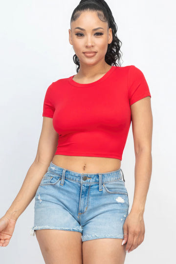 Short Sleeve Roundneck Crop Top-Red